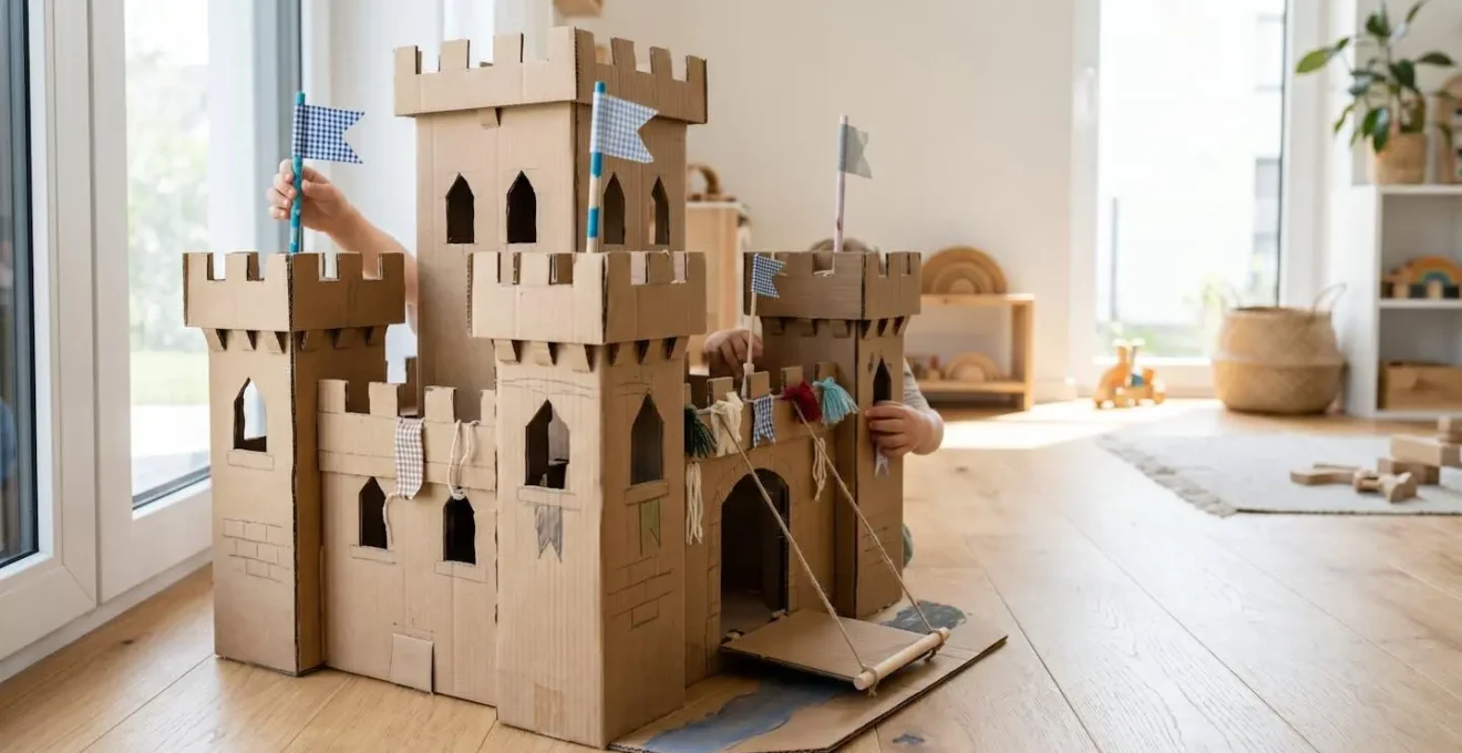 Boîte en carton transformée en château avec découpes et ficelles