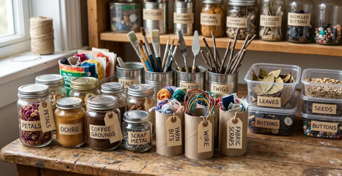 Vue macro de fournitures créatives alternatives économiques organisées dans des contenants recyclés