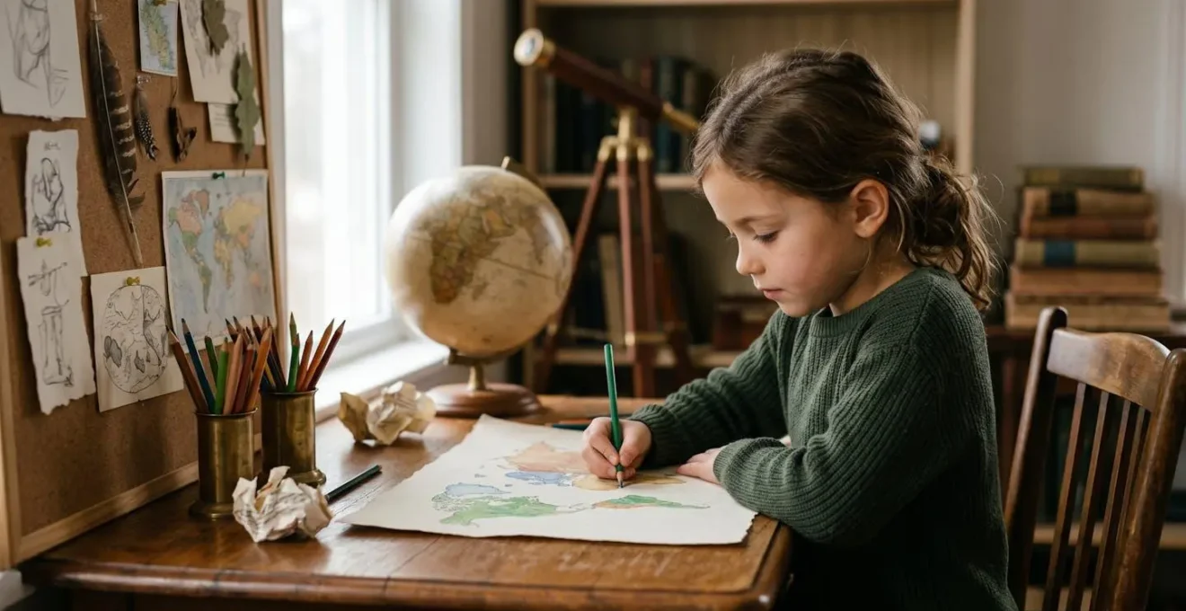Bureau enfant aménagé comme centre de commandement avec carte du monde et étagères