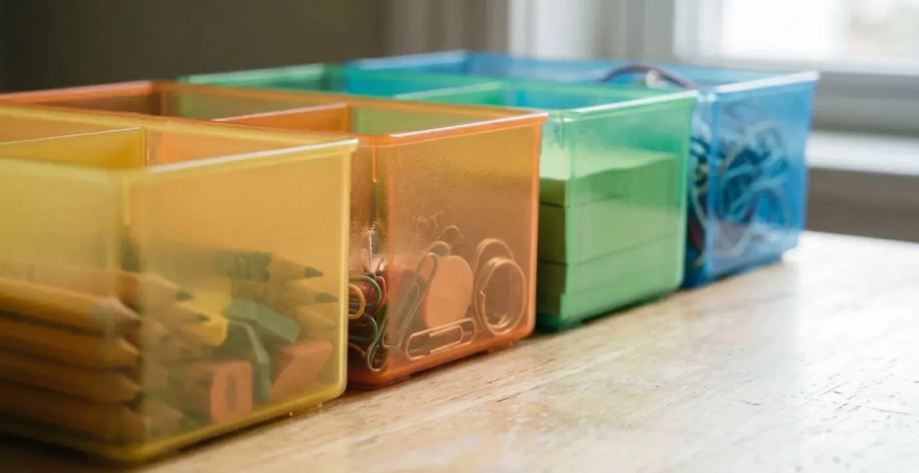 Bureau d'enfant avec système de rangement par codes couleurs et zones définies