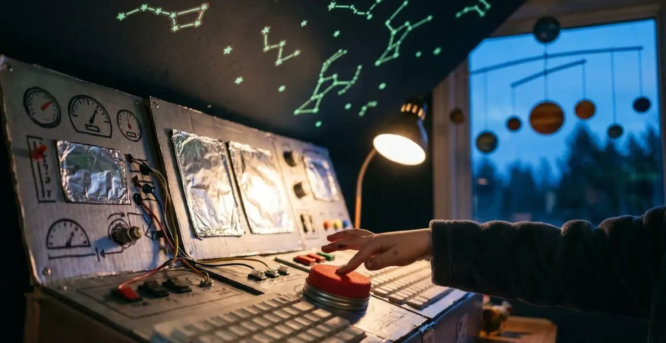 Coin bureau transformé en station de contrôle spatial avec tableau de bord fait maison et ciel étoilé phosphorescent au plafond