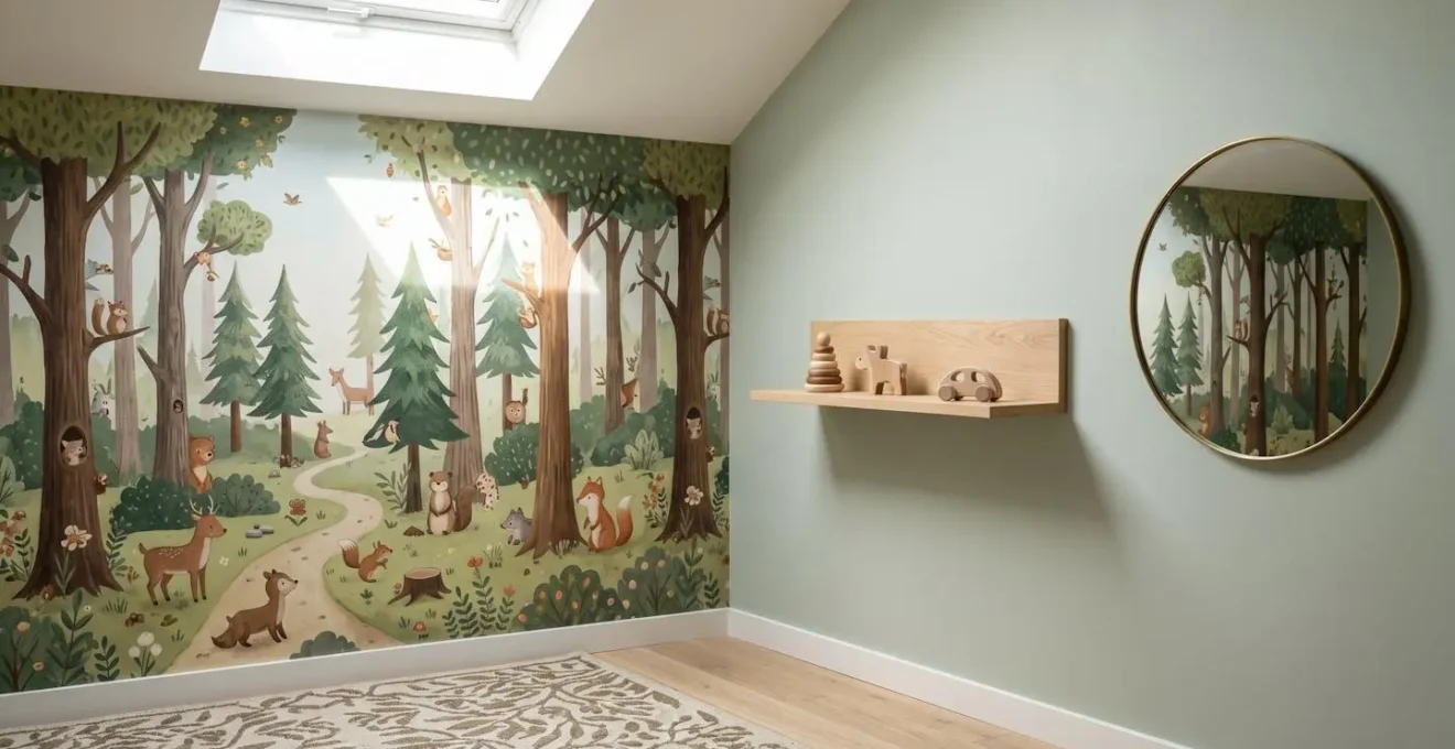 Chambre d'enfant harmonieuse montrant un mur panoramique et un mur opposé épuré avec une teinte douce