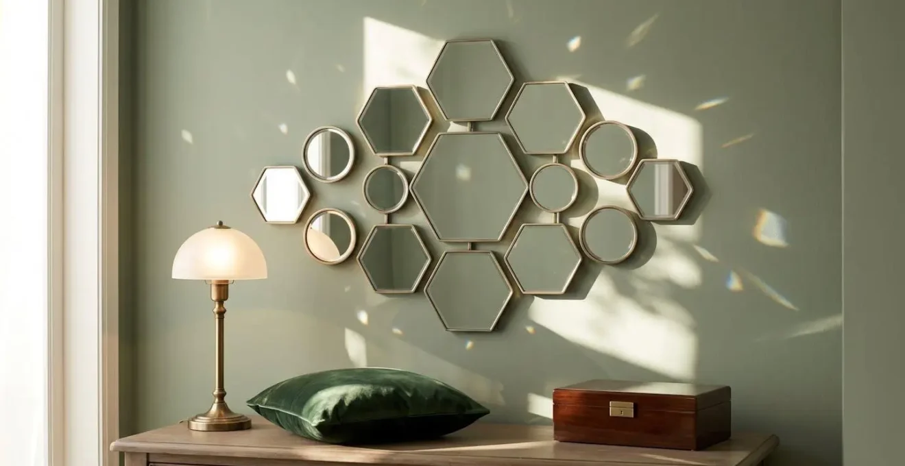 Chambre avec miroirs géométriques créant des jeux de lumière naturels