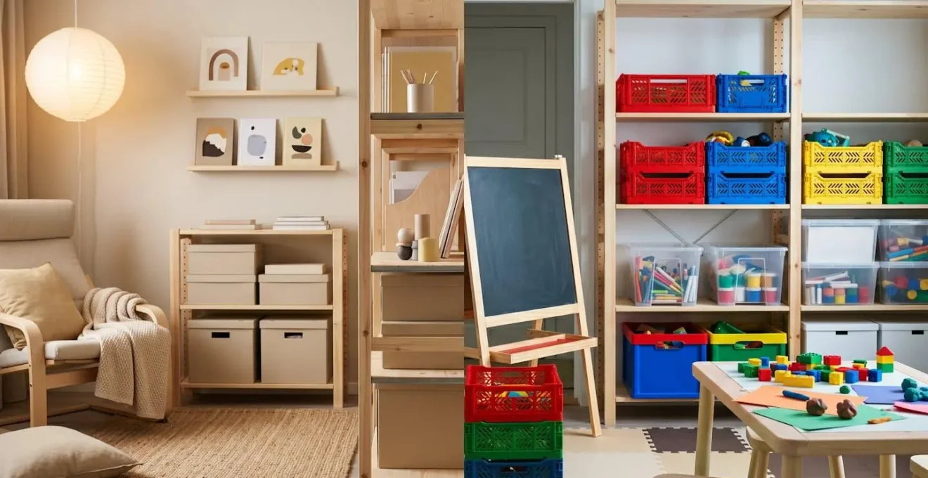 Vue d'ensemble d'une chambre d'enfant avec zones distinctes lecture calme et création colorée