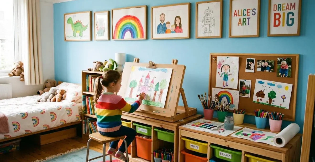 Chambre d'enfant montrant un mur avec art encadré en hauteur et un espace créatif accessible avec tableau et matériel artistique