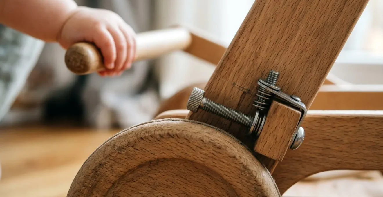 Chariot de marche en bois avec système de freinage visible et enfant d'un an en appui