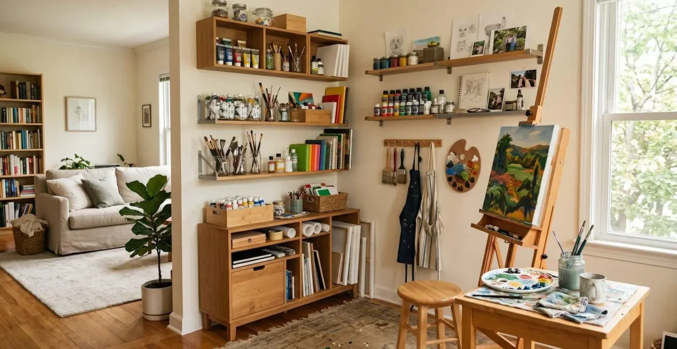 Espace peinture organisé dans un coin de salon avec rangements muraux