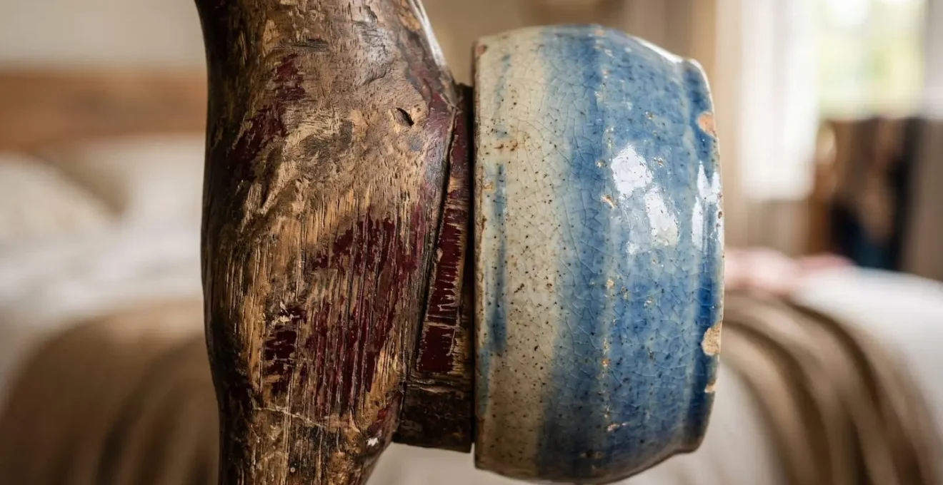 Comparaison visuelle entre objets en céramique et bois patiné dans une chambre d'enfant