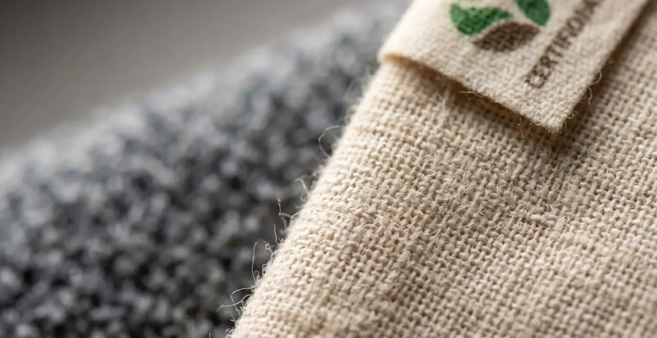 Gros plan sur étiquettes de certification textile sur vêtement enfant en coton naturel