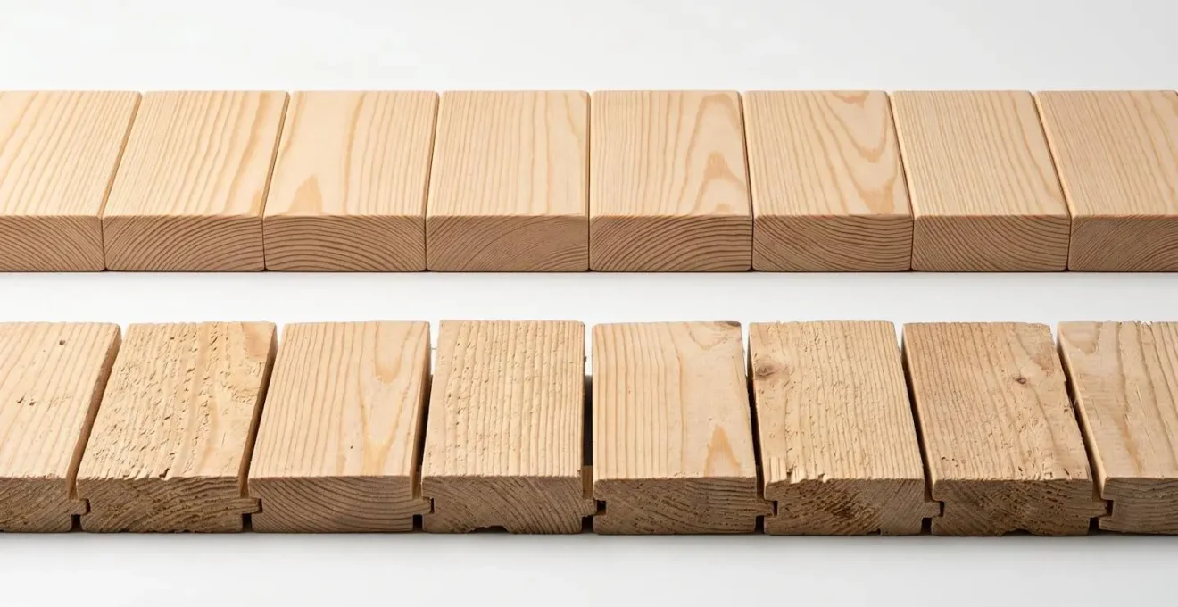 Vue macro comparative de l'alignement de planchettes en bois montrant les différences de précision