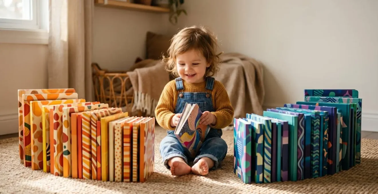 Jeune enfant entouré de livres illustrés en différentes langues dans une ambiance chaleureuse