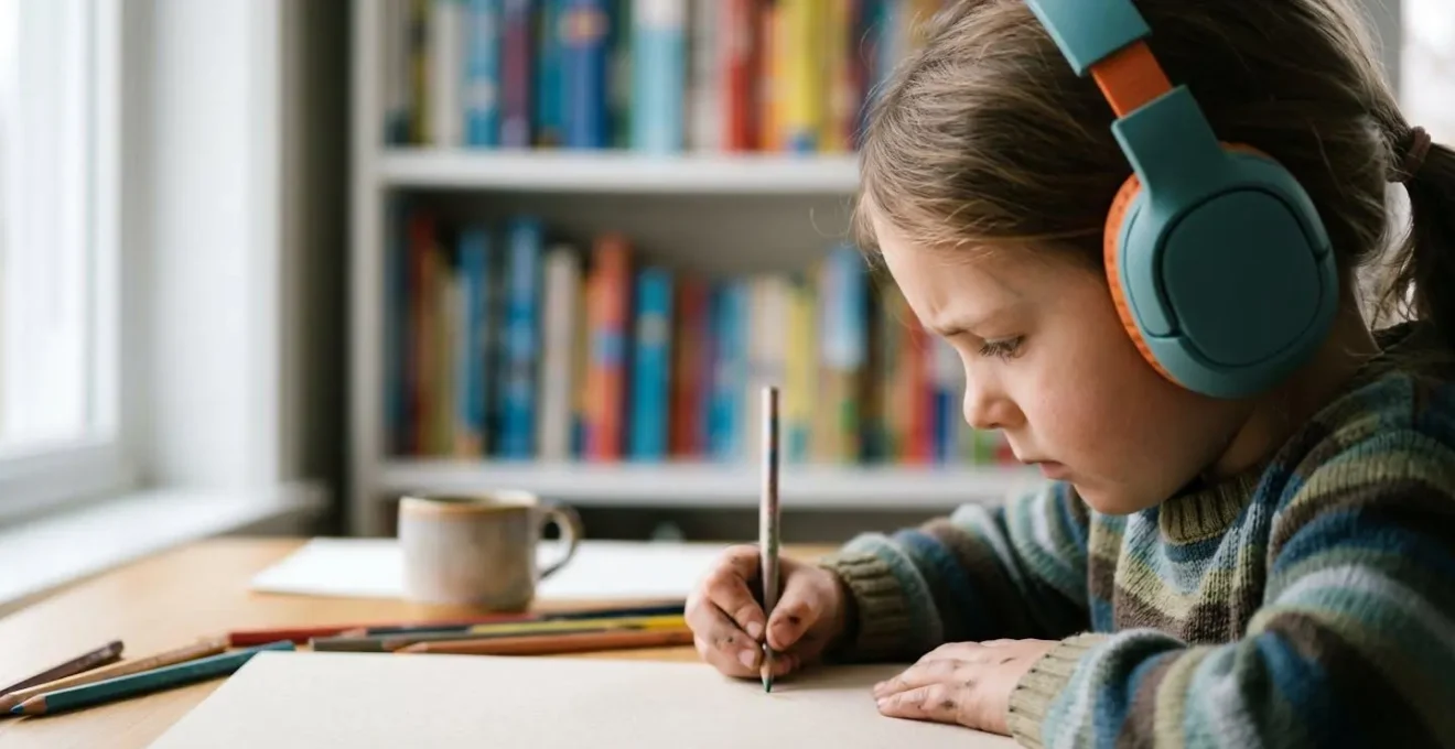 Enfant concentré portant un casque antibruit coloré à son bureau