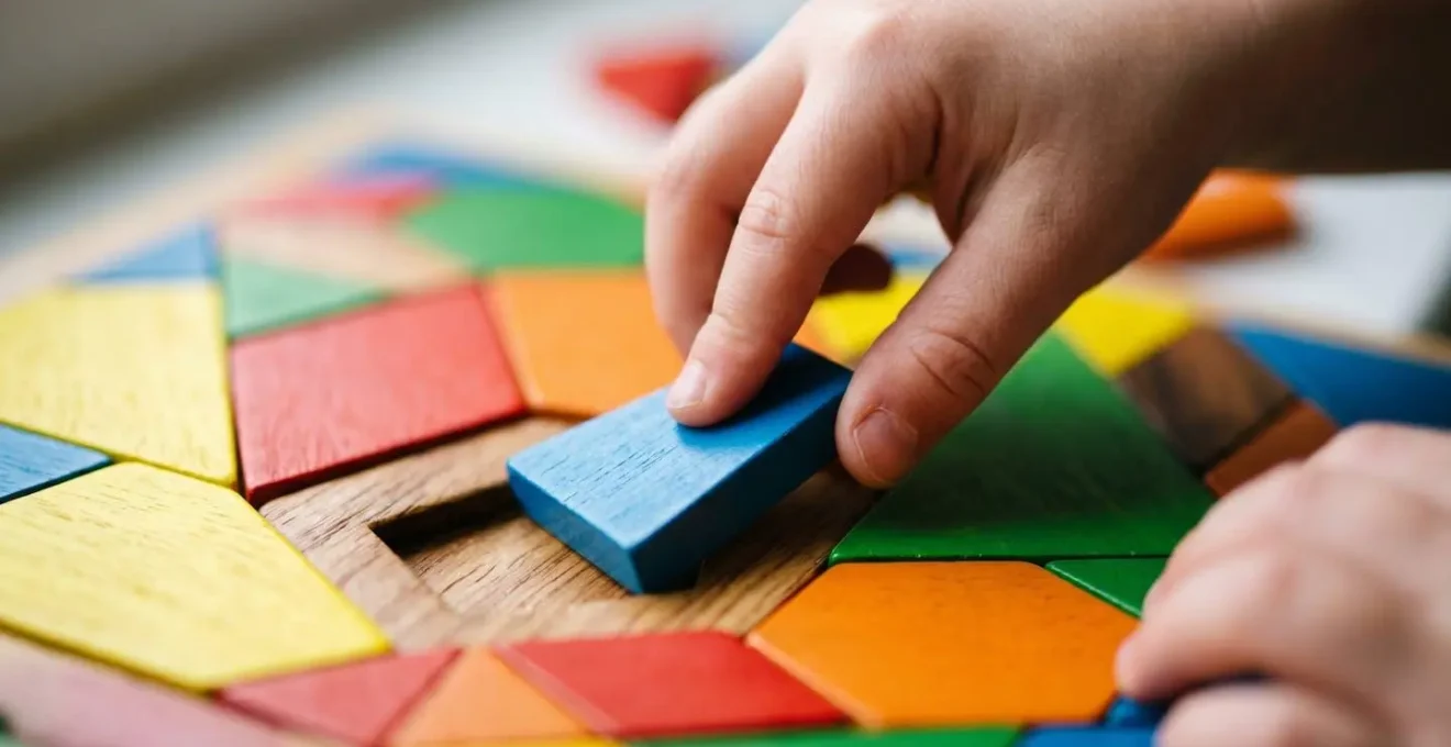 Enfant concentré assemblant un puzzle avec des formes géométriques colorées