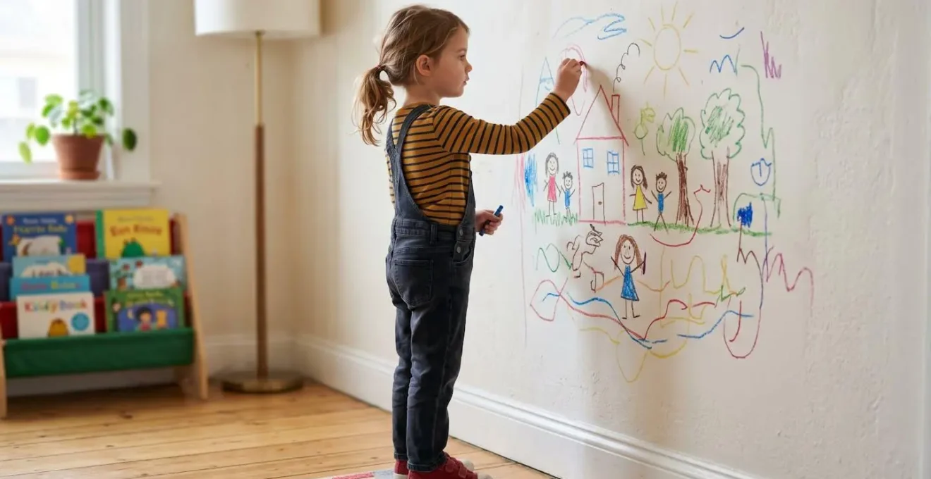 Vue de profil d'un enfant dessinant sur un mur avec une posture droite