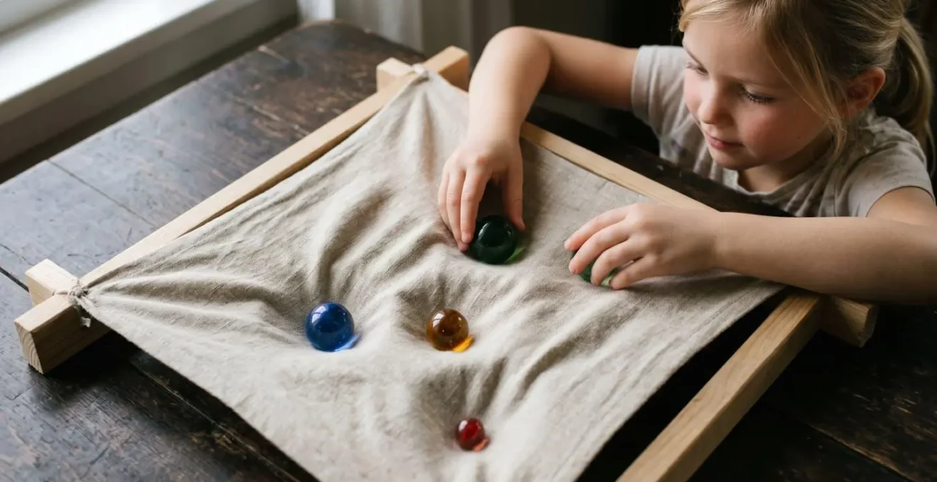 Enfant observant une démonstration de la courbure de l'espace-temps avec un drap tendu et des billes de différentes tailles