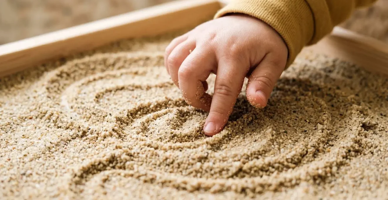 Mains d'enfant traçant des formes dans du sable avec concentration et plaisir