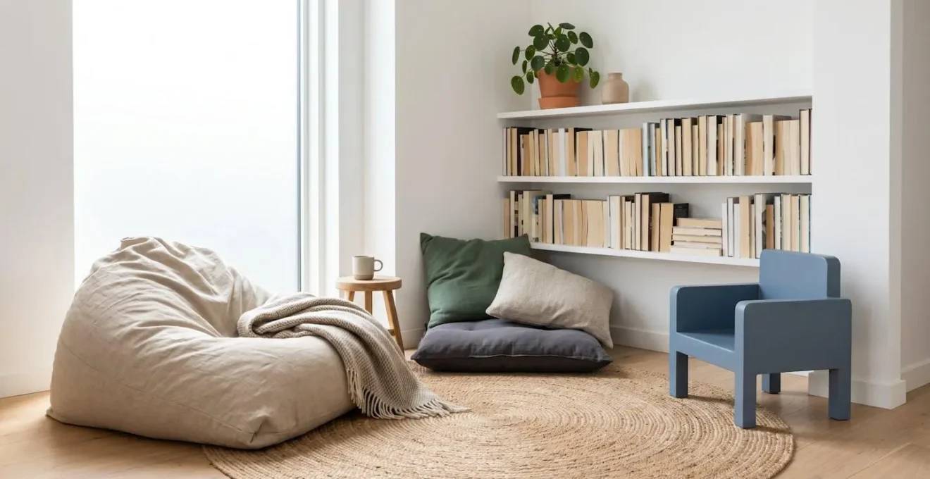 Enfant confortablement installé sur un pouf moelleux avec livres à proximité