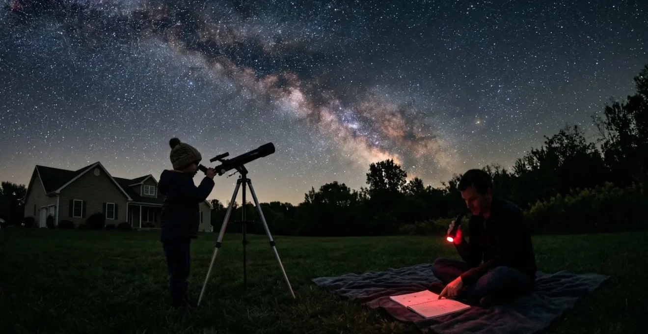 Enfant avec télescope simple observant le ciel étoilé dans un jardin, carnet de notes illuminé par lampe rouge
