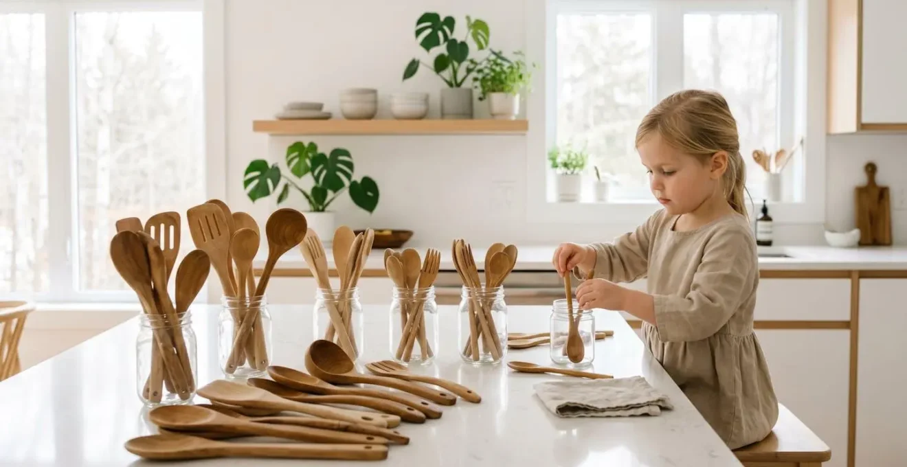 Enfant triant des couverts en bois sur une table de cuisine lumineuse