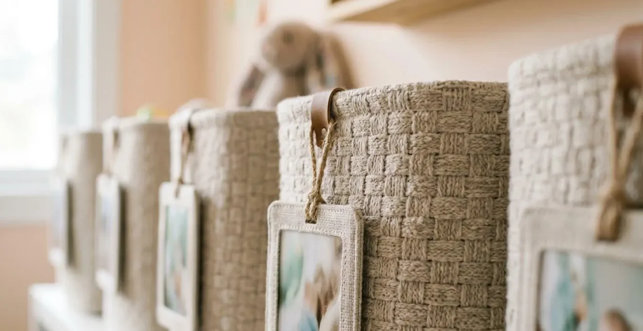 Gros plan sur des paniers en tissu avec photos d'objets collées comme étiquettes