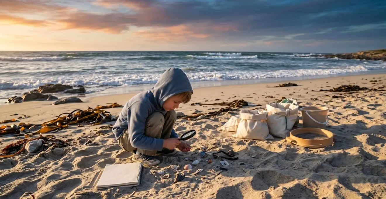 Enfant avec son carnet de chercheur observant des coquillages sur une plage
