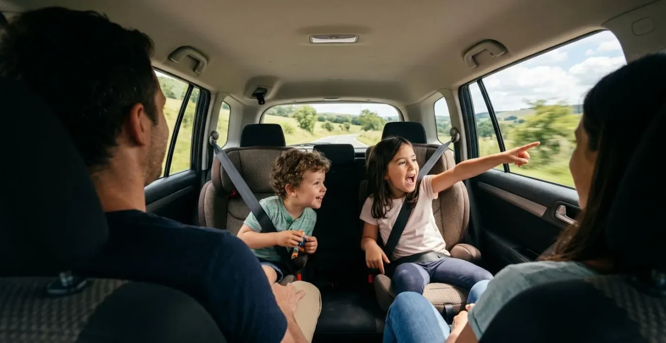 Vue arrière d'une famille en voiture, un enfant pointant vers l'extérieur avec enthousiasme