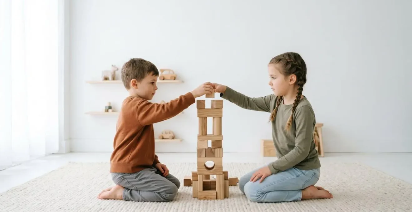 Frère et sœur construisant ensemble une tour avec des blocs en bois colorés
