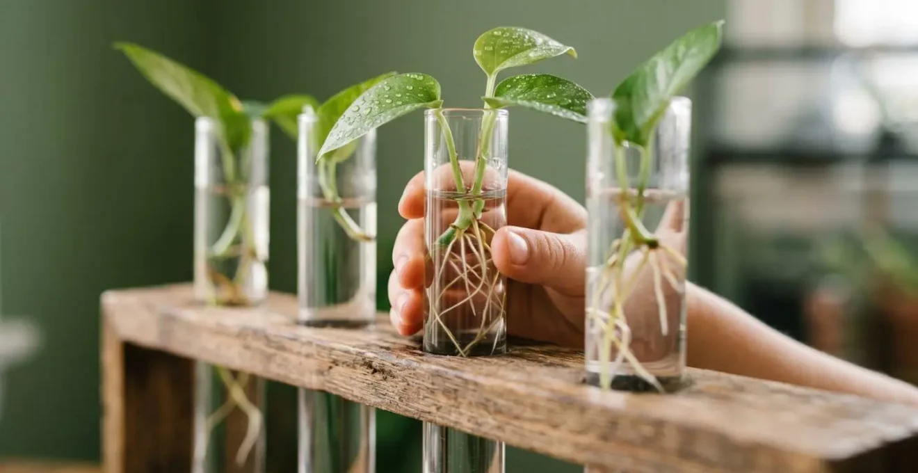 Support mural avec éprouvettes en verre contenant des boutures de plantes, mains d'enfant observant les racines