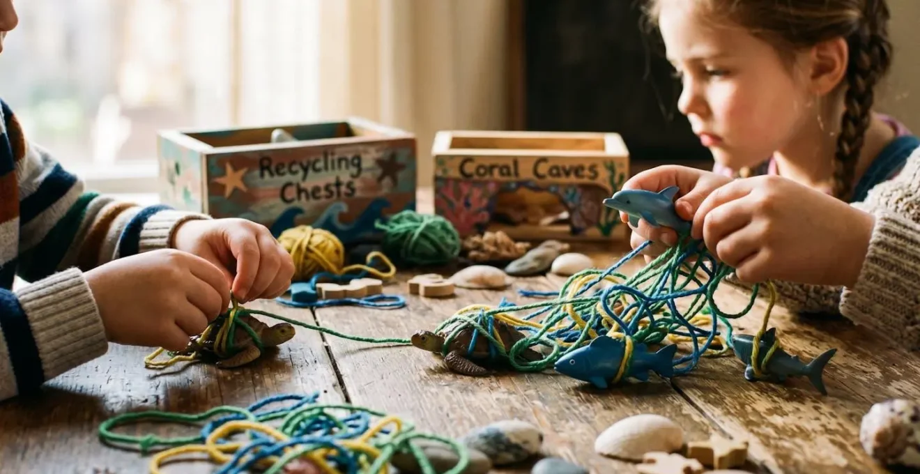 Enfants jouant à un jeu de tri avec des figurines d'animaux marins et des bacs de recyclage colorés