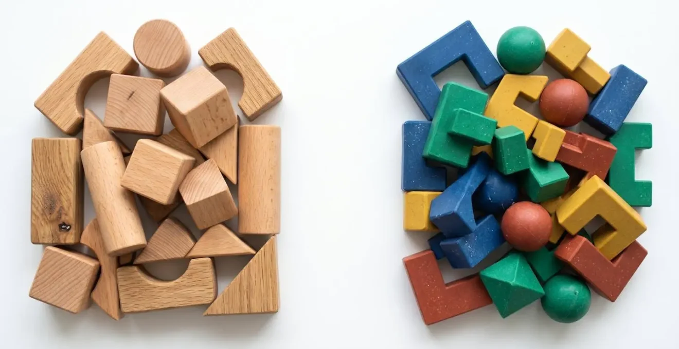 Composition artistique montrant des jouets en matériaux naturels à côté d'alternatives en plastique recyclé