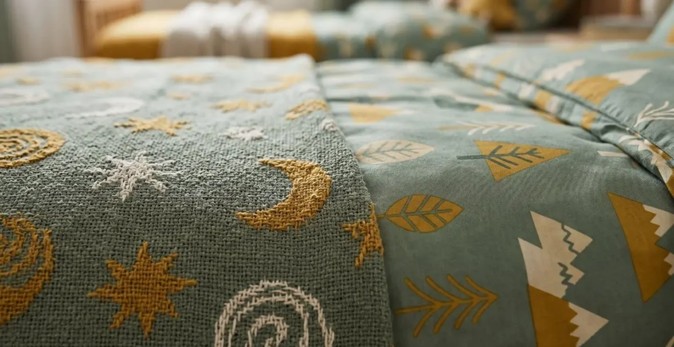 Deux lits d'enfants avec linge de lit coordonné dans des motifs différents mais harmonieux