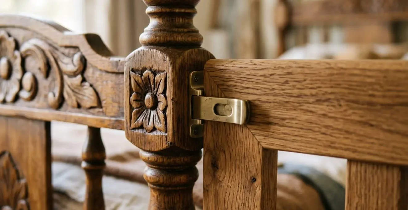 Gros plan sur un lit d'enfant vintage en bois restauré avec détails de sécurité modernisés