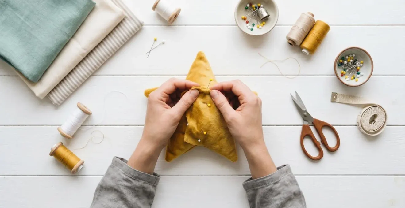 Mains créant avec amour un coussin étoile en tissus doux