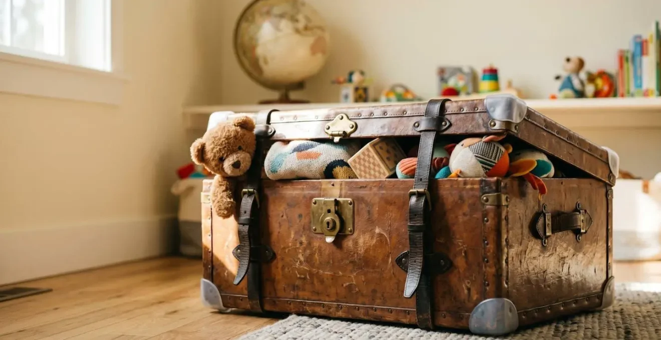 Malle ancienne transformée en coffre à jouets avec coins protégés et globe terrestre vintage sur étagère haute