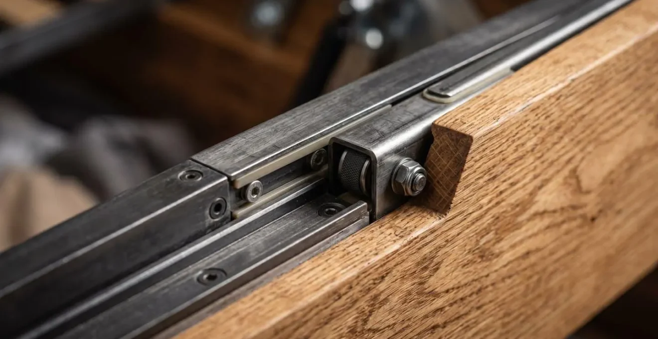 Détail macro du système d'extension d'un lit évolutif montrant la qualité des matériaux