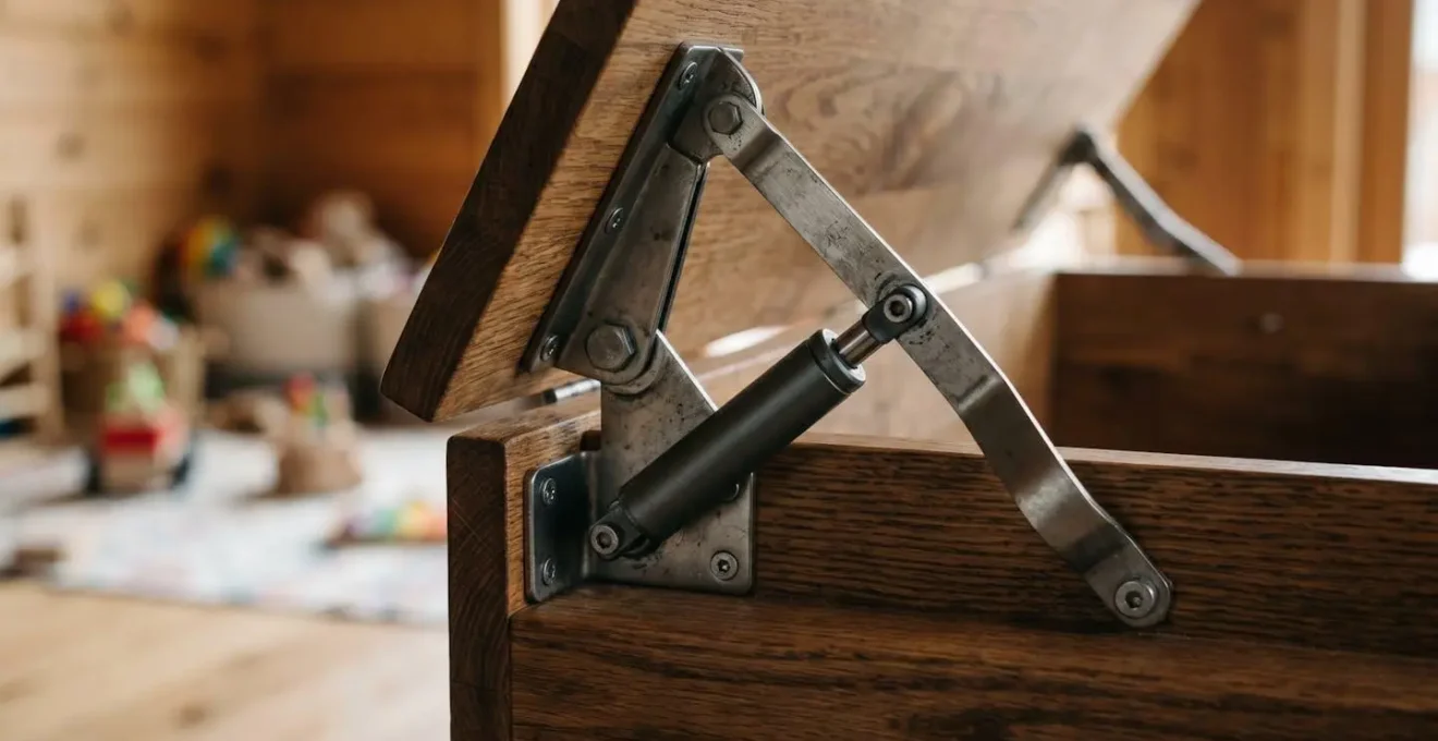 Vue de profil d'un mécanisme de vérin hydraulique installé sur une charnière de coffre en bois