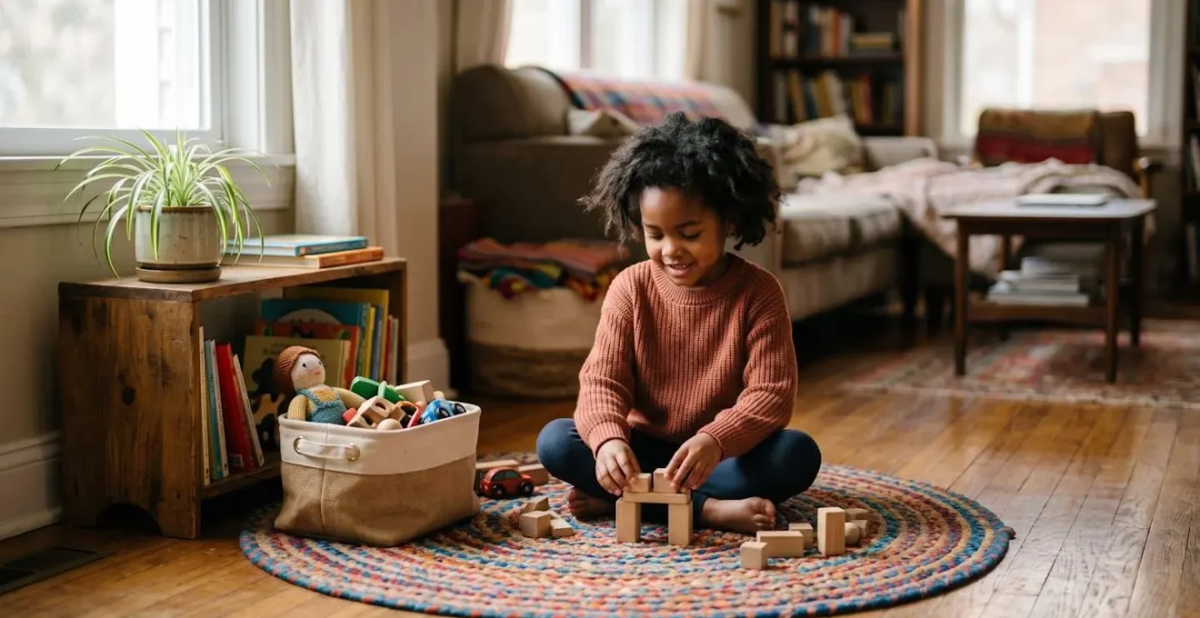 Coin personnel d'enfant dans un salon avec tapis coloré, étagère basse et plante