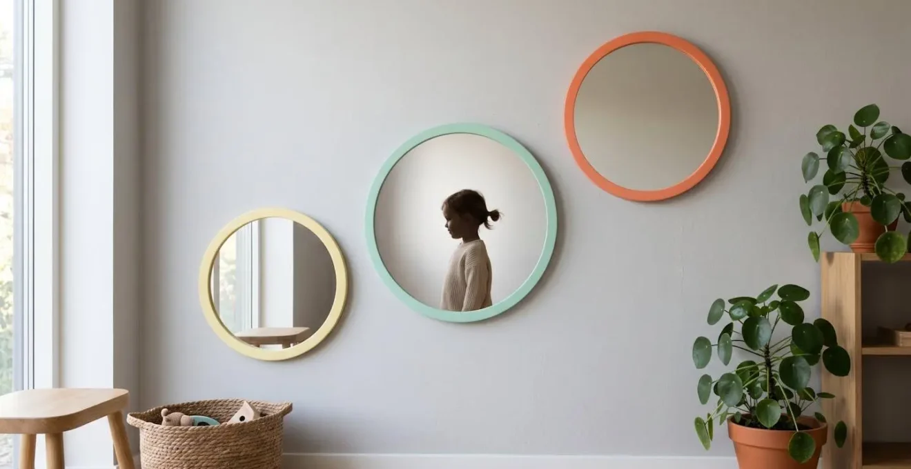 Composition de petits miroirs acryliques colorés disposés à différentes hauteurs sur un mur de chambre d'enfant