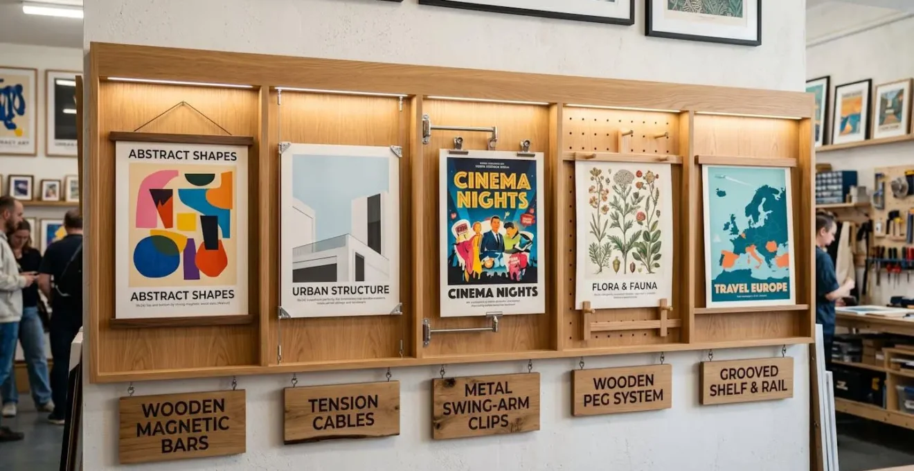 Mur-galerie évolutif avec système d'accrochage créatif montrant différentes techniques de présentation d'affiches sans verre