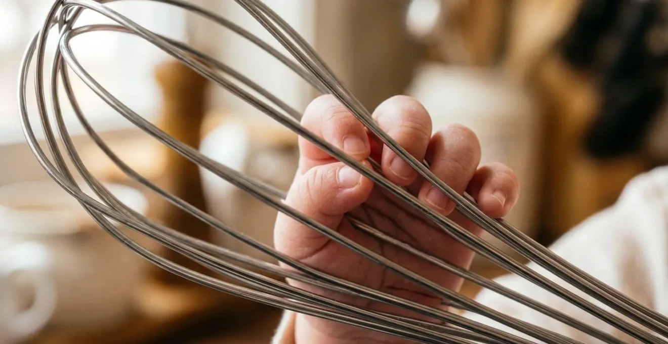 Gros plan sur les mains d'un bébé explorant un fouet de cuisine en inox