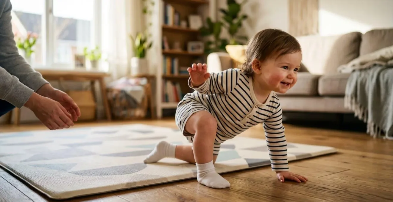 Parcours de motricité montrant différentes surfaces pour le développement de bébé