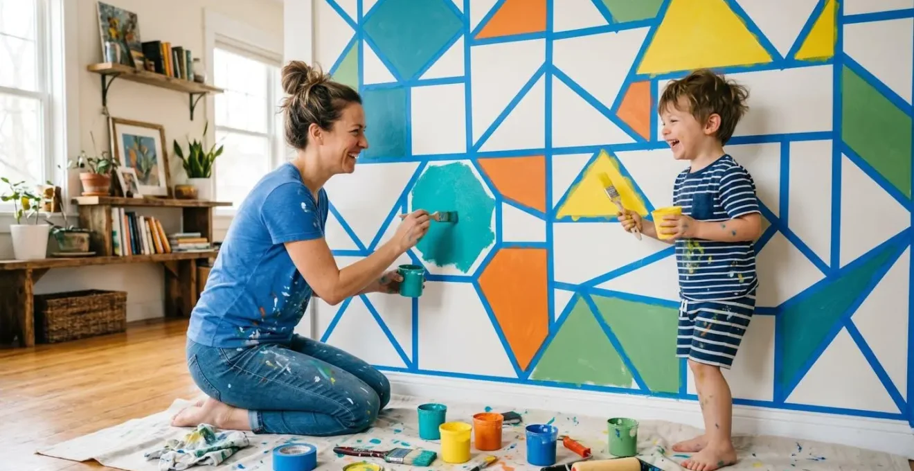 Parent et enfant appliquant de la peinture colorée sur un mur avec des formes géométriques délimitées par du ruban adhésif