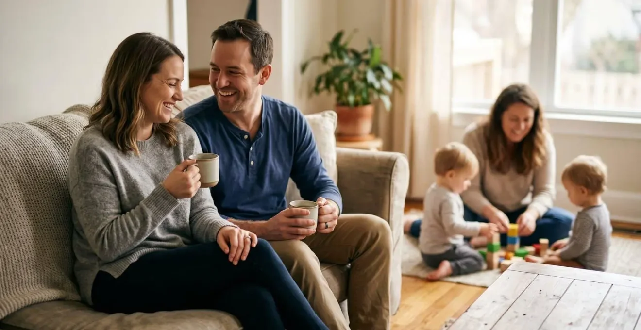 Parents se relaxant pendant qu'une aide professionnelle s'occupe des enfants en arrière-plan