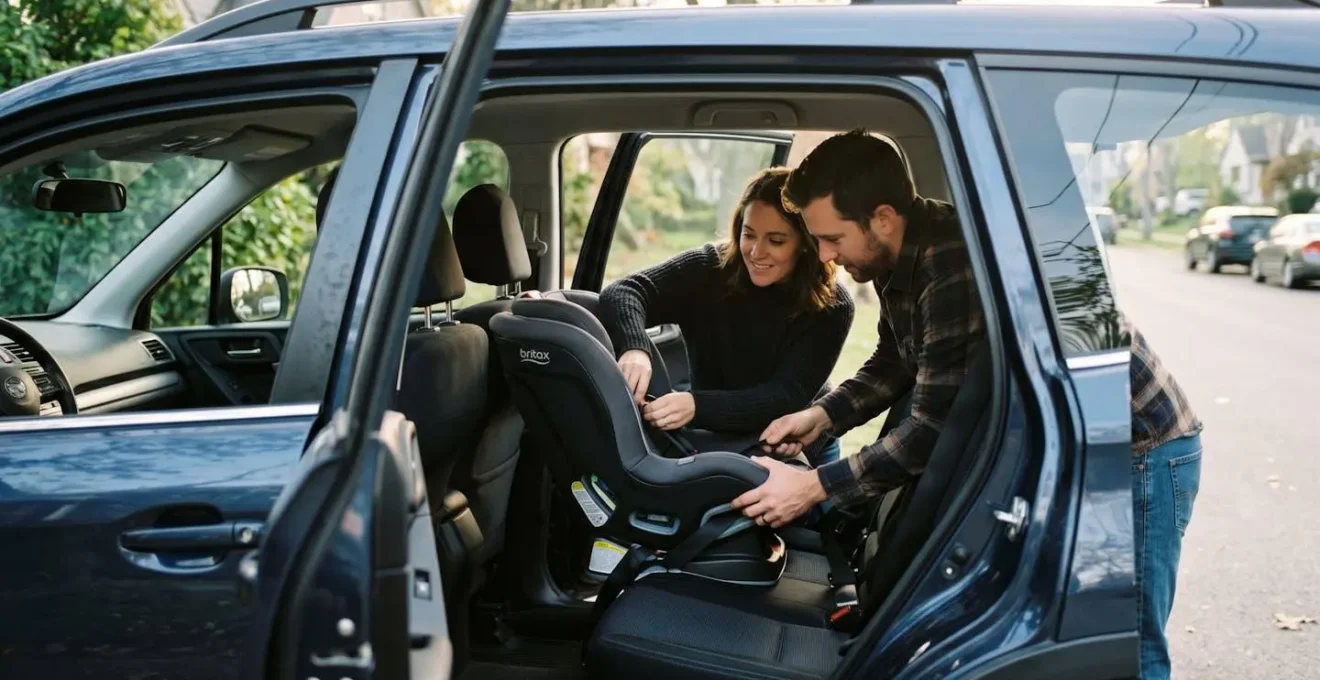 Couple installant ensemble un siège auto dans leur voiture avec soin et attention