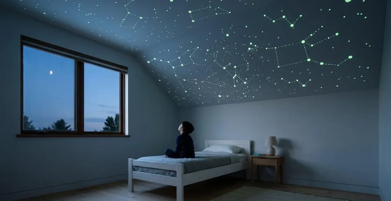 Plafond étoilé phosphorescent avec constellations dans une chambre d'enfant