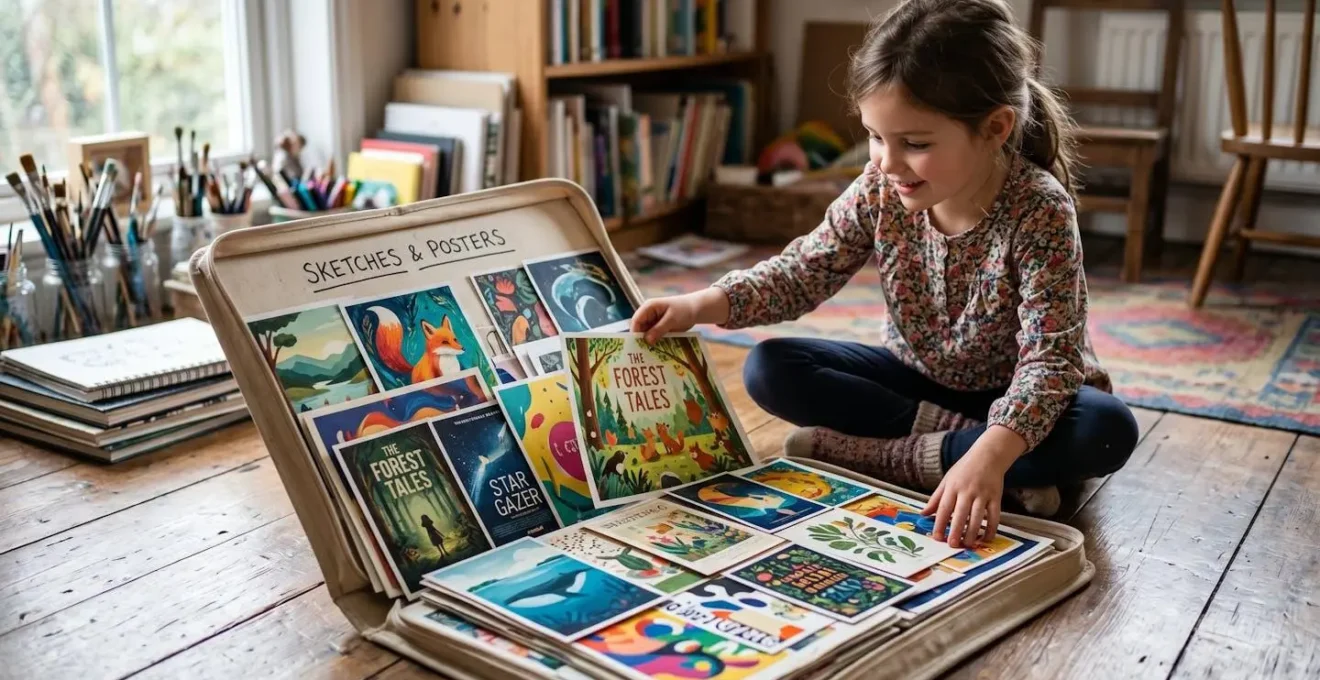Carton à dessin ouvert révélant une collection d'affiches artistiques soigneusement rangées avec un enfant les parcourant