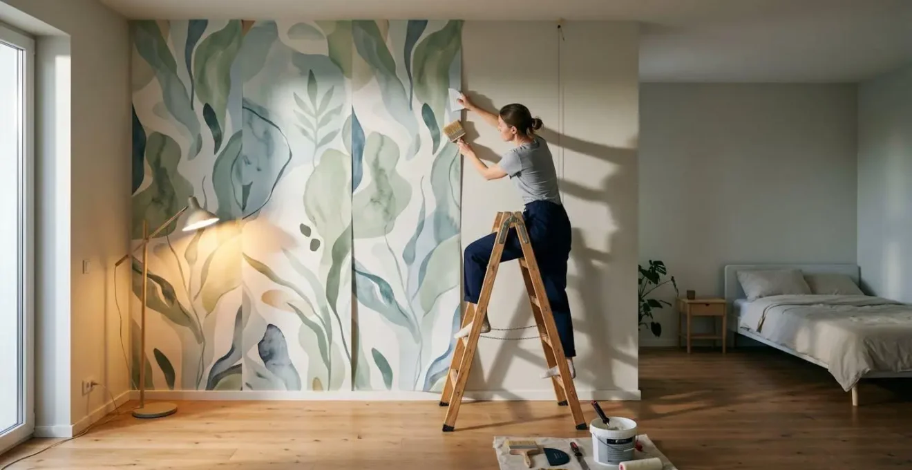 Vue en plongée d'une personne posant du papier peint panoramique avec fil à plomb et éclairage rasant