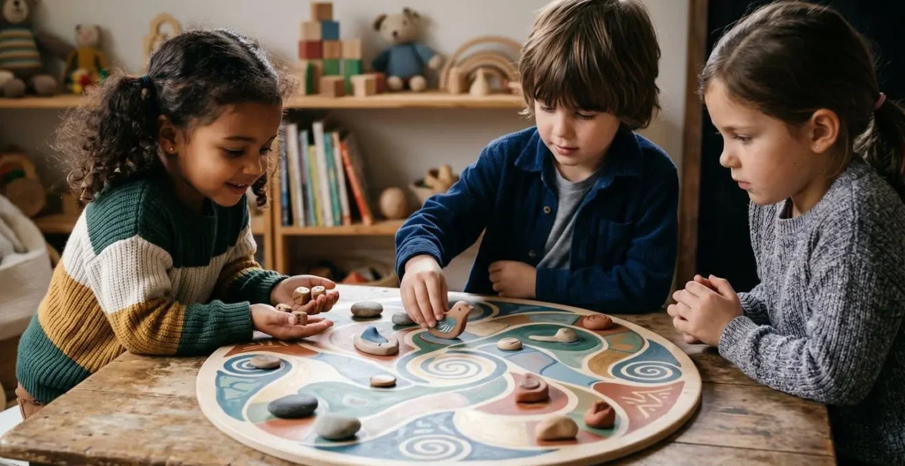 Enfants jouant à un jeu de parcours avec dé, montrant différentes expressions émotionnelles