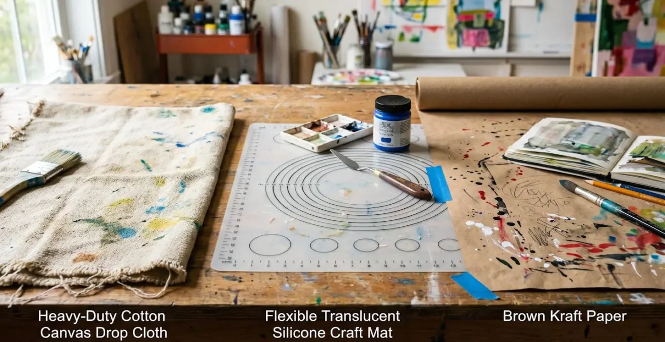 Gros plan sur trois types de protections de surface pour activités créatives disposées sur une table