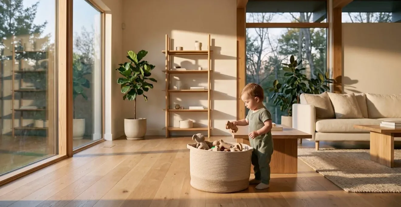 Scène d'un salon avec enfant rangeant rapidement ses jouets dans un grand panier souple